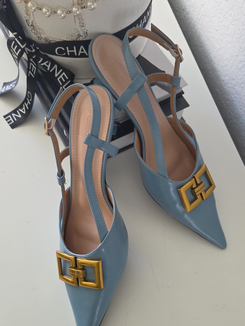 Blue Pointed-Toe Slingback Heels with Gold Buckle